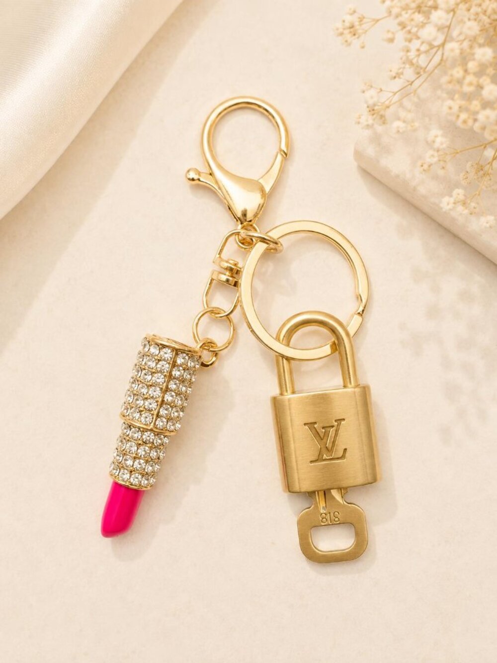Authentic Louis Vuitton Gold Padlock 🔒 Key Set w/ Unbranded Lipstick Bag Charm